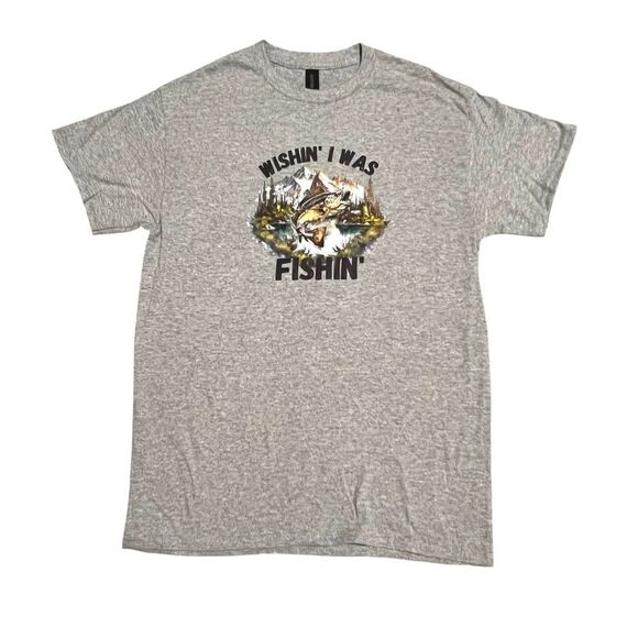 Gildan Heavy Cotton Wishin' I‎ Was Fishin' T-Shirt Sport Gray Size Medium - Picture 2 of 4
